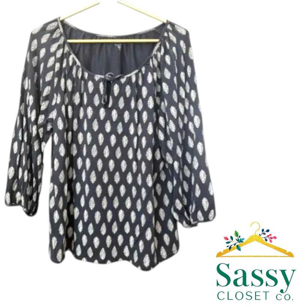 ✨ GARNET HILL Tencel Leaf Print Blouse M Blouson Sleeve EUC 🌿